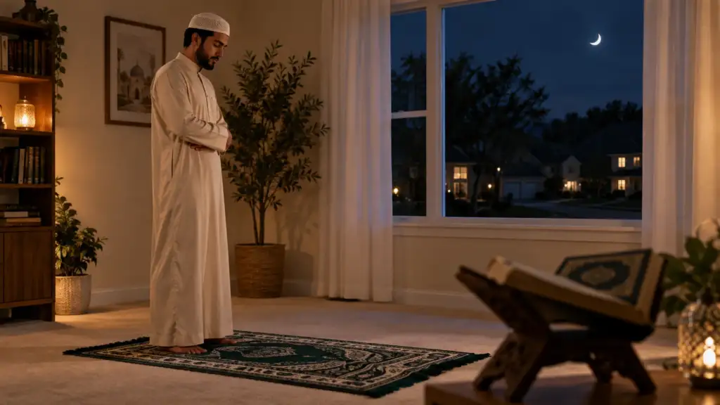 Muslim man performing night prayer in Islam at home