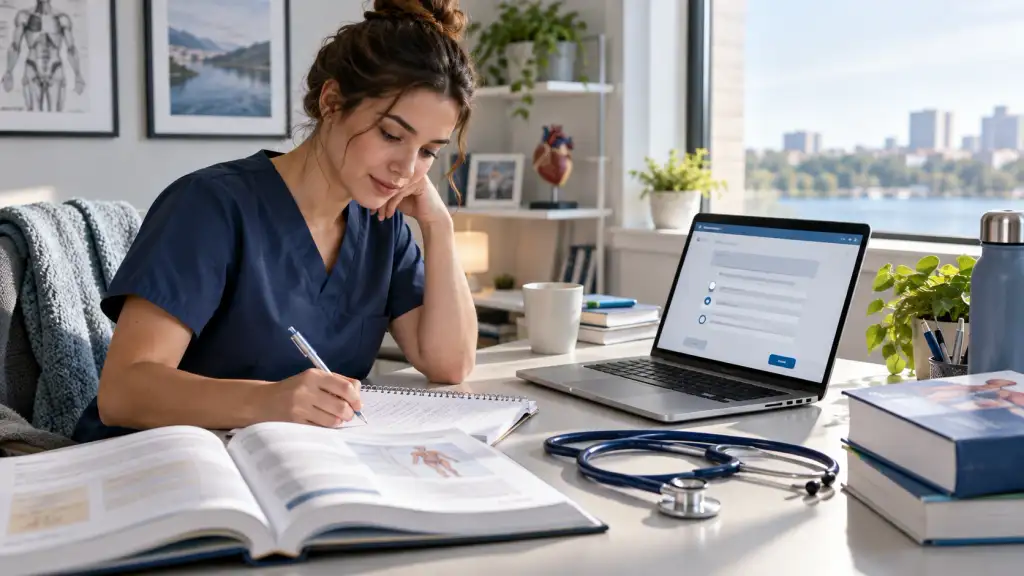 RN Fundamentals 2016 70 Questions – Study Guide Nursing student studying RN fundamentals practice questions with a textbook, notebook, laptop, and stethoscope.