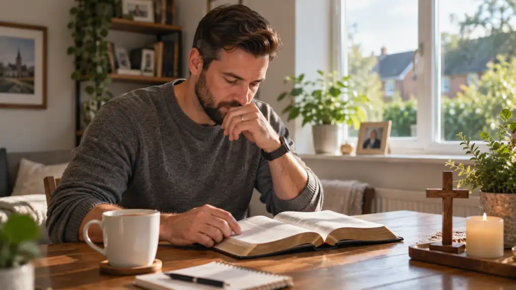 Christian husband reading the Bible for faith and spiritual strength
