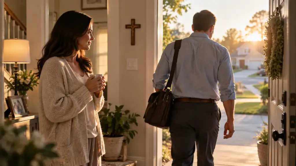 Wife praying for her husband's protection and safety before work