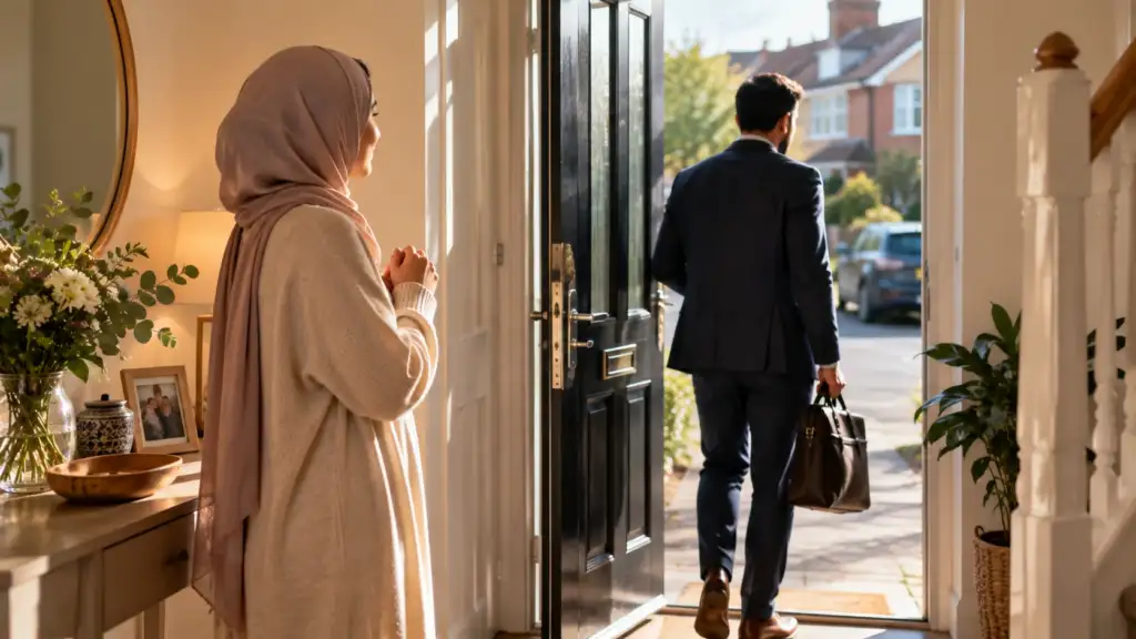 Wife praying for her husband's protection and safety before work