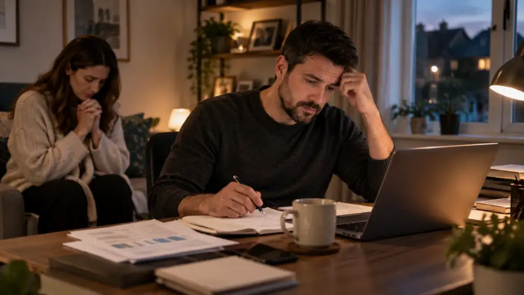 Husband reflecting on work while wife prays for wisdom and guidance