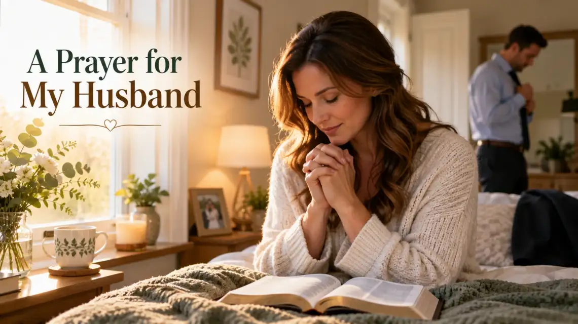 Prayer for my husband with a wife praying beside a Bible