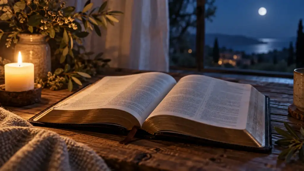 Open Bible with Psalms for peaceful nighttime reading