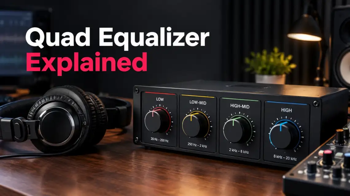 Quad equalizer with four audio frequency controls and headphones