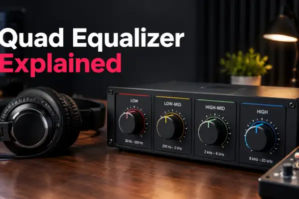 Quad equalizer with four audio frequency controls and headphones