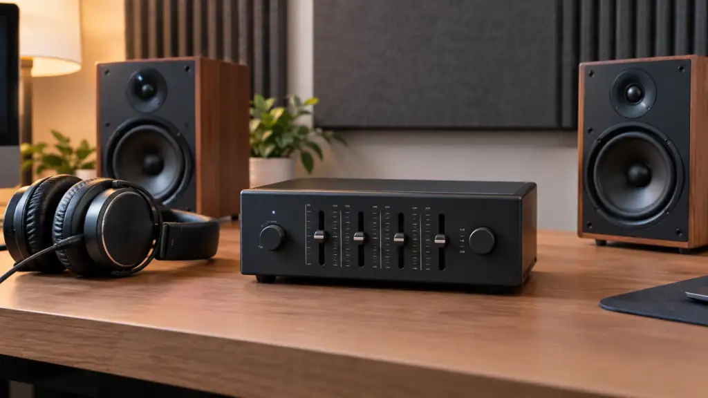 Quad equalizer used with headphones and home audio speakers