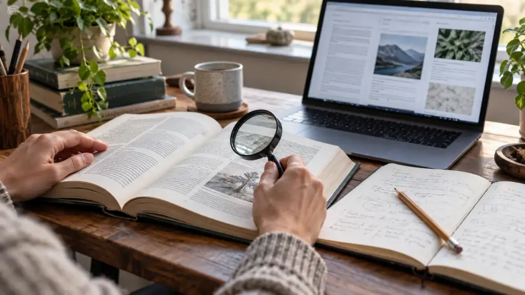 Researching an Unfamiliar Term Person comparing information from a reference book and laptop while researching an unfamiliar term.
