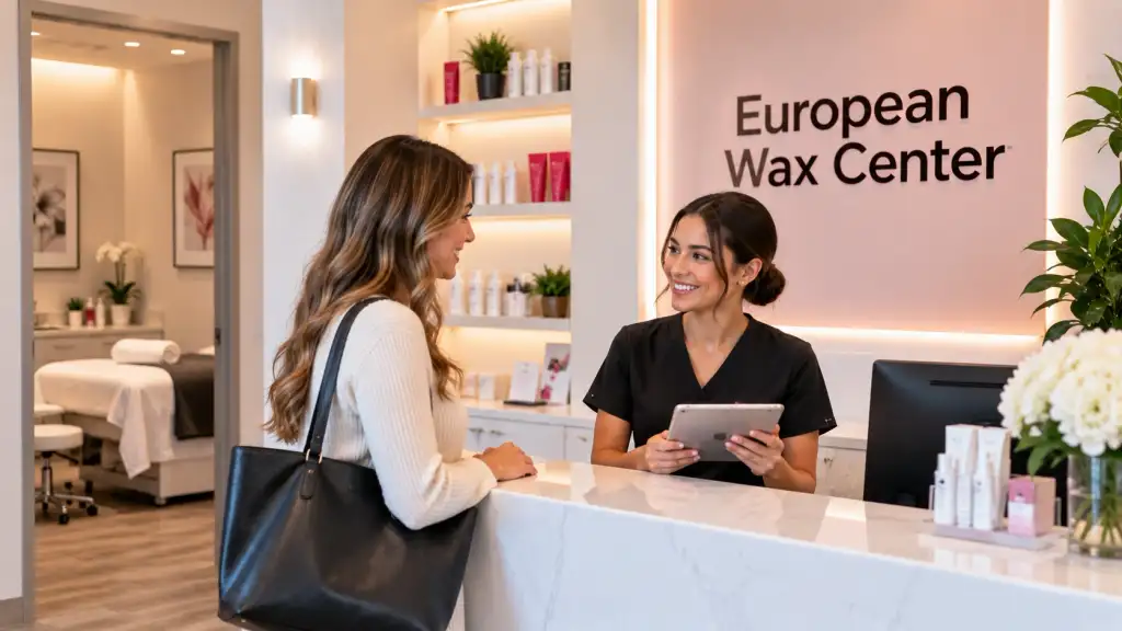 European Wax Center Professional Waxing Services Customer speaking with a waxing specialist at a modern European Wax Center