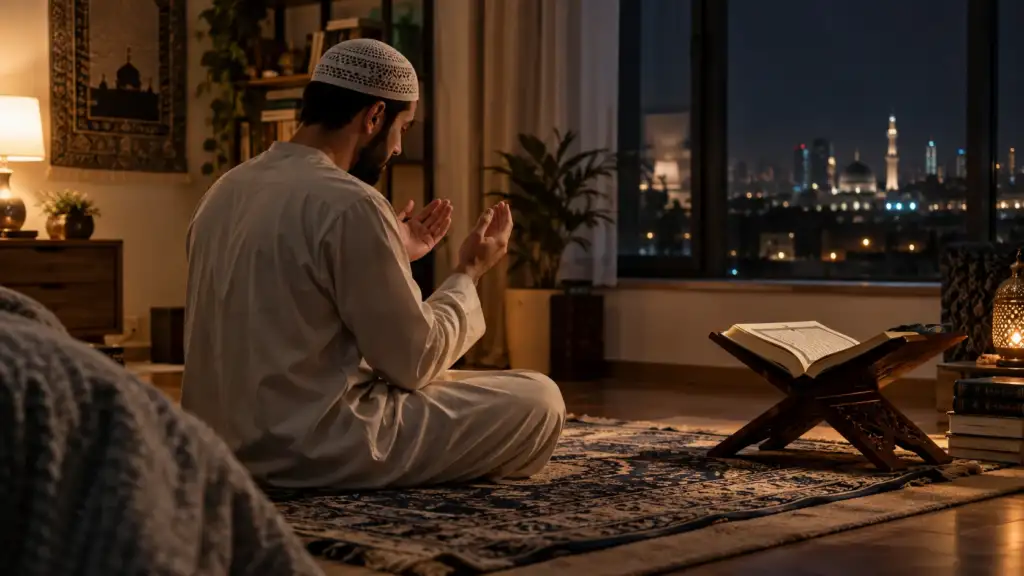 Muslim making dua after Tahajjud night prayer