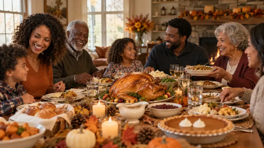 Thanksgiving family gathering around the dinner table
