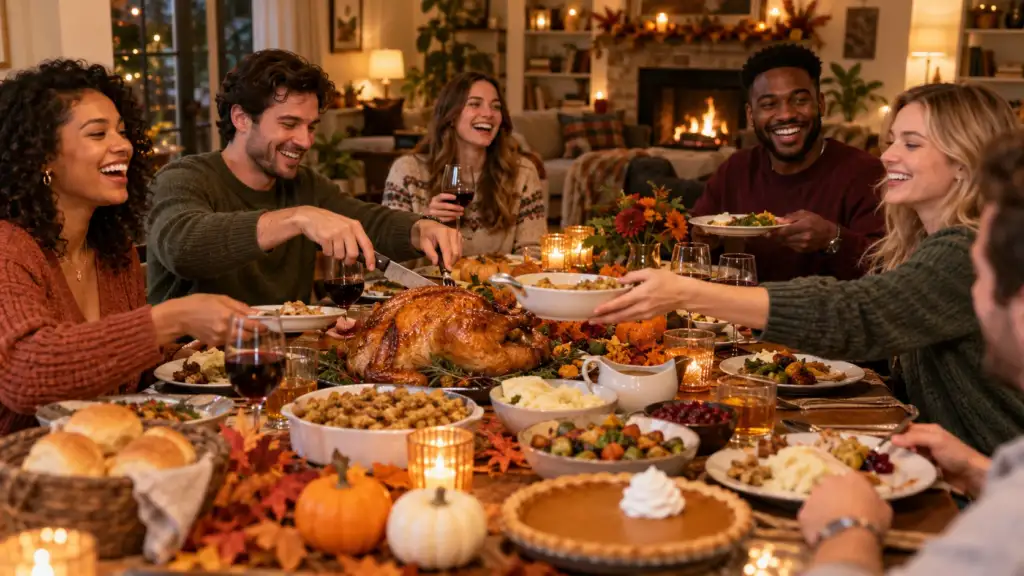 Friends celebrating Thanksgiving together at a Friendsgiving dinner