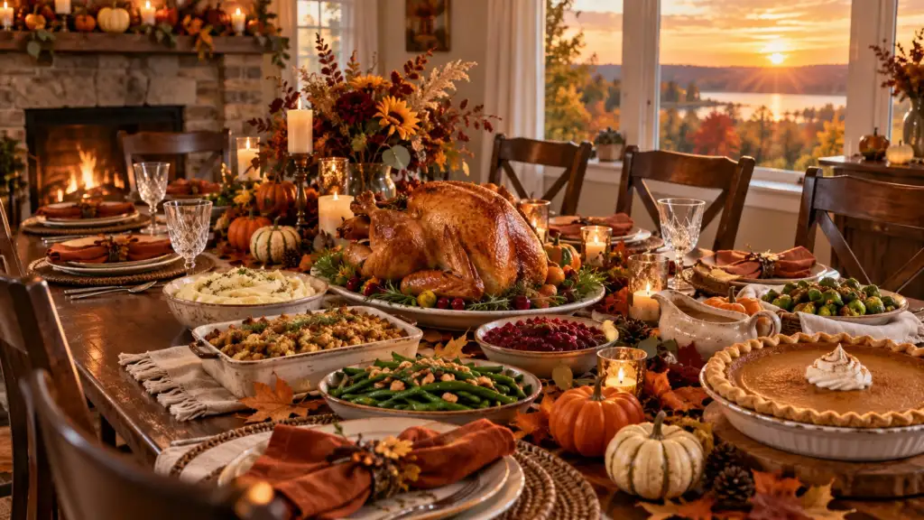 Thanksgiving dinner table with food and autumn decorations