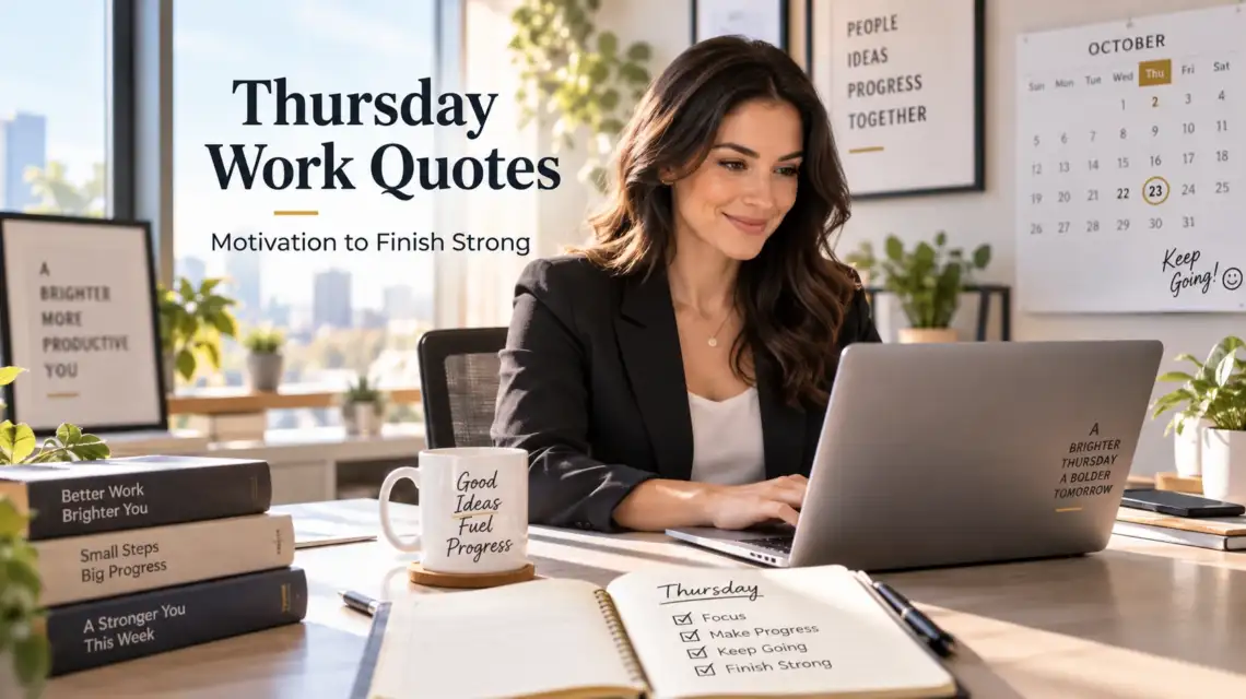 Thursday work quotes with a professional working in a modern office, representing motivation to finish the workweek strong.