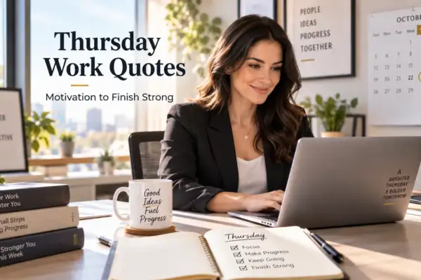 Thursday work quotes with a professional working in a modern office, representing motivation to finish the workweek strong.
