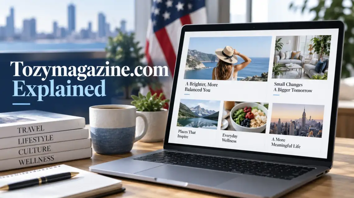 Tozymagazine.com explained with an online magazine displayed on a laptop for U.S. readers.