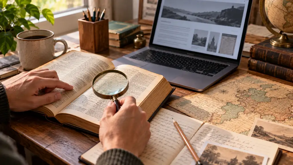 Researching the Origin of an Unfamiliar Name Researcher examining an old dictionary, handwritten notes, and a vintage map while investigating the possible origin of an unfamiliar name.