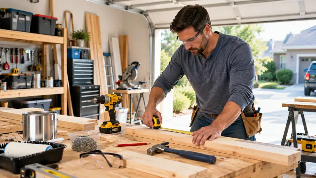 DIY Home Improvement Project American homeowner measuring wood for a weekend DIY home improvement project in a modern garage workshop.