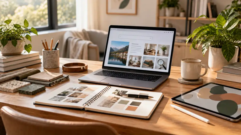Researching an Unfamiliar Word Across Different Contexts Modern desk with a laptop, notebook, home décor samples, and tablet illustrating research into an unfamiliar word across different contexts.