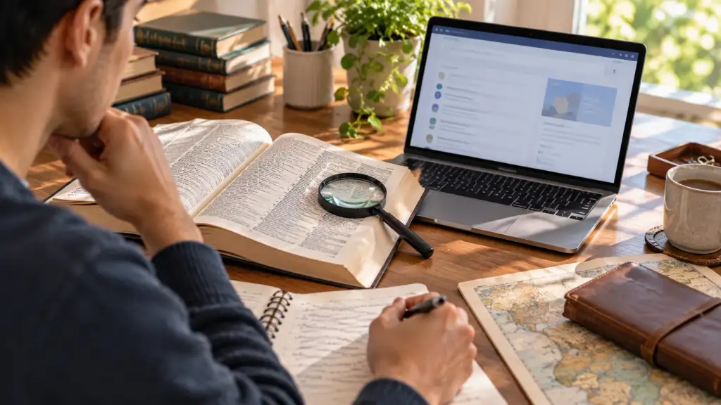 Researching the Meaning of an Unfamiliar Word Researcher exploring the meaning of an unfamiliar word using a dictionary, handwritten notes, and a laptop.